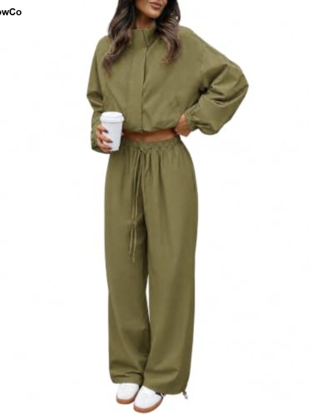 Tankaneo Women's 2 Piece Set Cropped Jacket Wide Leg Pants Lightweight Nylon